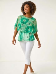 Roman Green Floral Print Mesh Overlay Blouse - Image 3 of 5