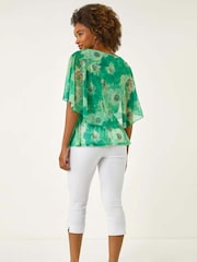 Roman Green Floral Print Mesh Overlay Blouse - Image 4 of 5