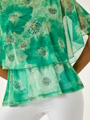 Roman Green Floral Print Mesh Overlay Blouse - Image 5 of 5