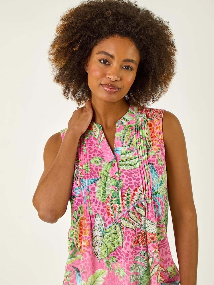 Roman Pink Light Tropical Leaf Print Pintuck Blouse - Image 1 of 5