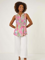 Roman Pink Light Tropical Leaf Print Pintuck Blouse - Image 2 of 5