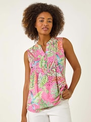 Roman Pink Light Tropical Leaf Print Pintuck Blouse - Image 4 of 5