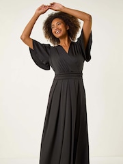 Roman Black Tie Back V-Neck Stretch Midi Dress - Image 1 of 5