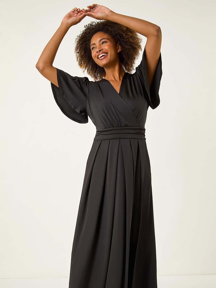 Roman Black Tie Back V-Neck Stretch Midi Dress - Image 1 of 5