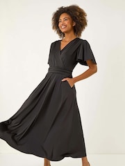 Roman Black Tie Back V-Neck Stretch Midi Dress - Image 2 of 5