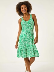 Roman Green Leaf Print Strappy Frill Dress - Image 1 of 5