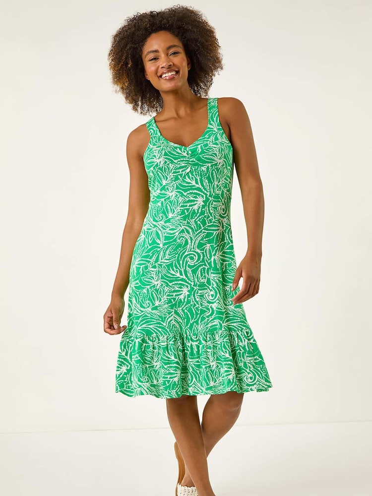 Roman Green Leaf Print Strappy Frill Dress - Image 1 of 5