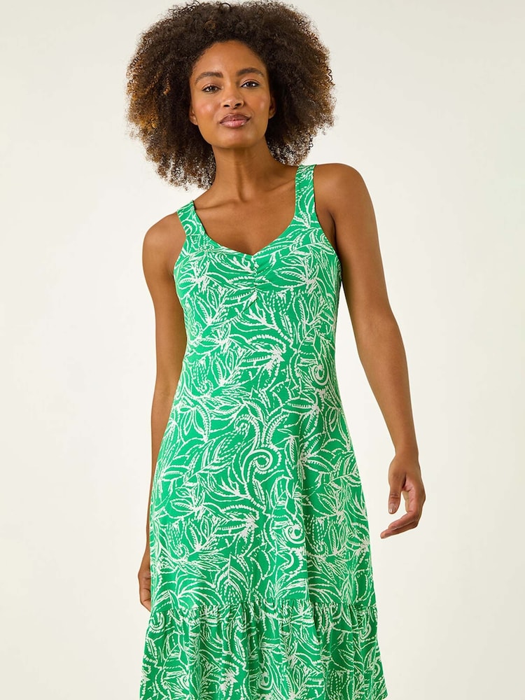 green emerald velvet dress Kelly Green and Cream Tropical Leaf Print Midi Dress