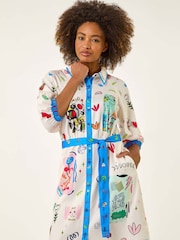 Roman Blue Motif Print Tie Waist Shirt Dress - Image 1 of 5