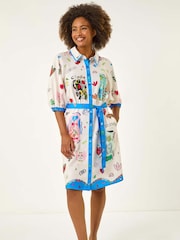 Roman Blue Motif Print Tie Waist Shirt Dress - Image 2 of 5