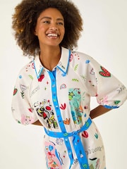 Roman Blue Motif Print Tie Waist Shirt Dress - Image 4 of 5