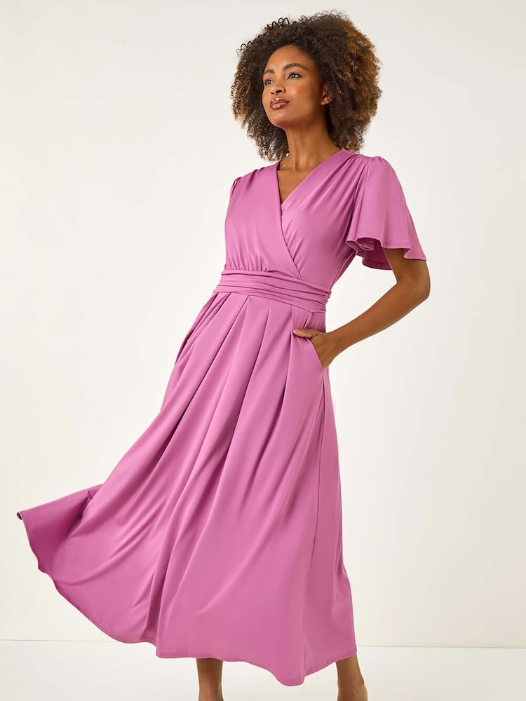 Roman Purple Tie Back V-Neck Stretch Midi Dress - Image 1 of 5