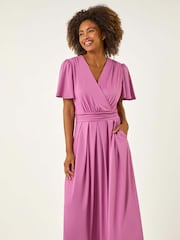 Roman Purple Tie Back V-Neck Stretch Midi Dress - Image 2 of 5