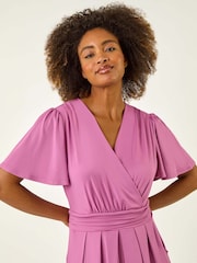 Roman Purple Tie Back V-Neck Stretch Midi Dress - Image 4 of 5