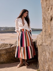 Seasalt Cornwall Orange 100% Coton Multi Cranesbill Striped Tiered Skirt - Image 3 of 8