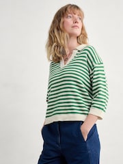 Seasalt Cornwall Green Gwynver Lightweight V-Neck Collared Jumper - Image 1 of 5