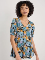 Seasalt Cornwall Blue Multi Rosehip V-Neck Jersey Top - Image 1 of 5