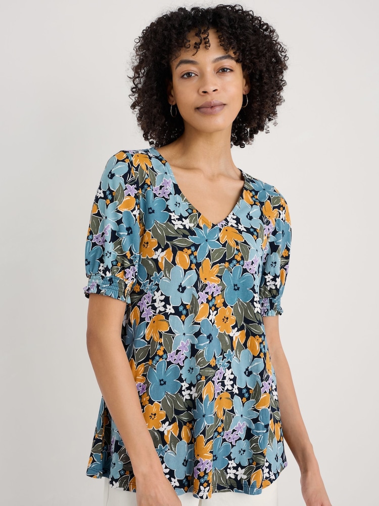 Seasalt Cornwall Blue Multi Rosehip V-Neck Jersey Top - Image 1 of 5