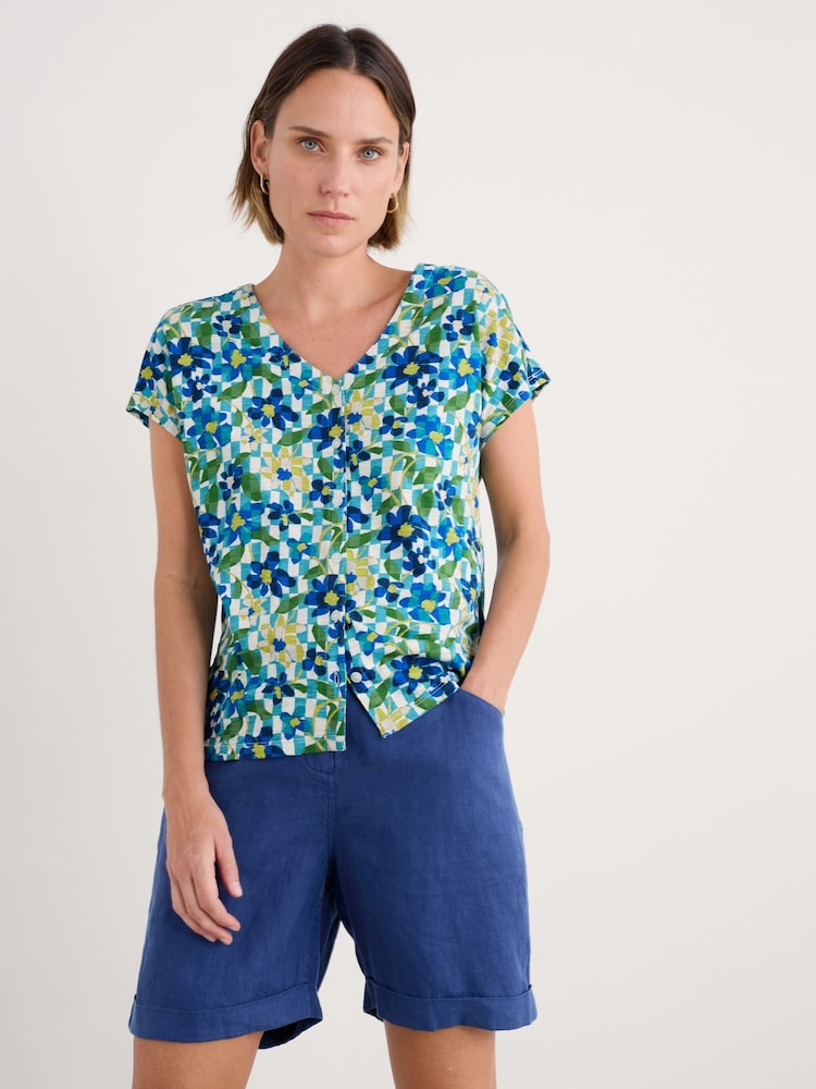 Seasalt Cornwall Sky Blue Studio Glass V-Neck Jersey 100% Cotton T-shirt - Image 1 of 5 Seasalt Cornwall Sky Blue Studio Glass V-Neck Jersey 100% Cotton T-shirt - Image 1 of 5