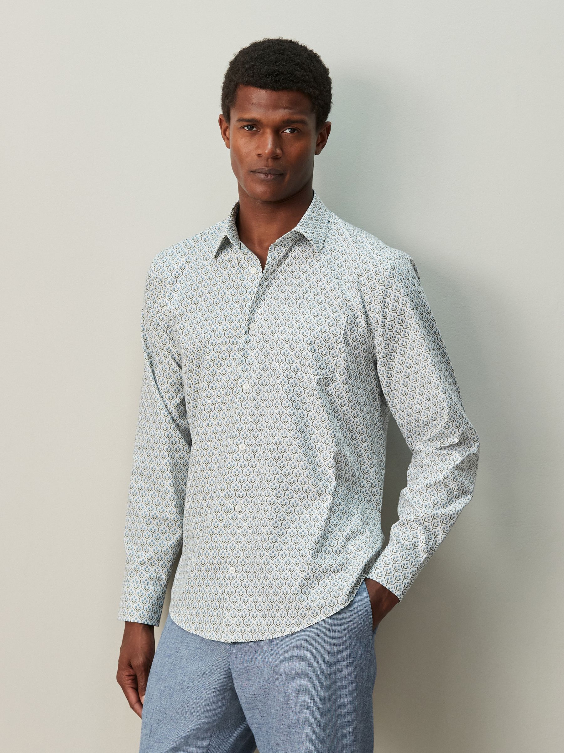 Buy White/Blue Floral Trellis Regular Fit Long Sleeve Print Shirt