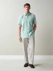 Green Regular Fit Linen Rich Stripe Short Sleeve Trimmed Shirt - Image 2 of 4