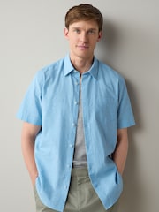 Light Blue Regular Fit Linen Rich Stripe Short Sleeve Trimmed Shirt - Image 1 of 5
