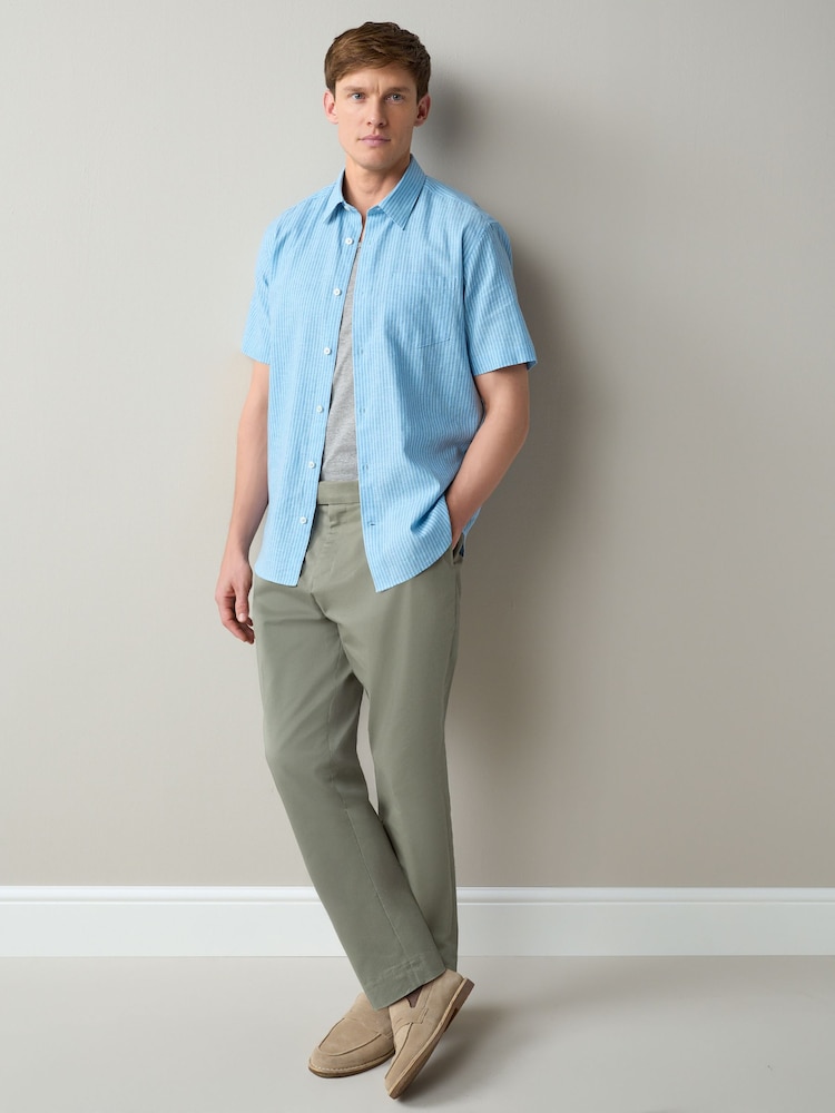 Light Blue Regular Fit Linen Rich Stripe Short Sleeve Trimmed Shirt - Image 2 of 5