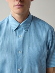 Light Blue Regular Fit Linen Rich Stripe Short Sleeve Trimmed Shirt - Image 4 of 5