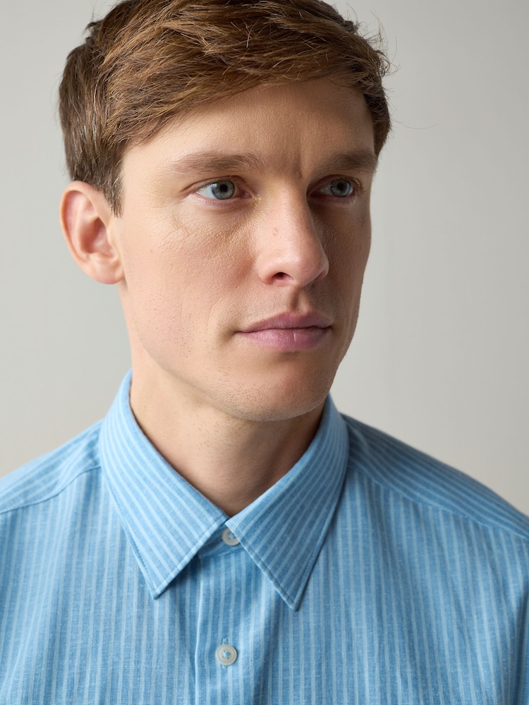 Light Blue Regular Fit Linen Rich Stripe Short Sleeve Trimmed Shirt - Image 5 of 5