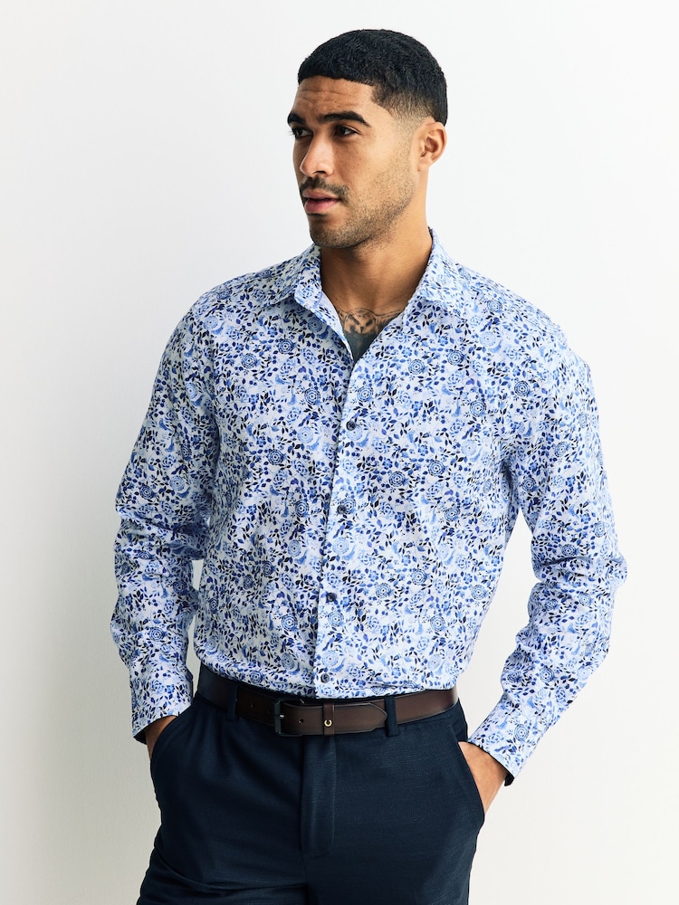 Blue/White Floral Regular Fit Long Sleeve Shirt - Image 1 of 9