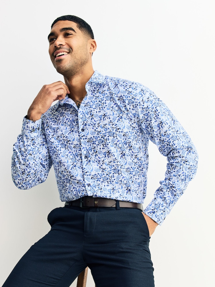 Blue/White Floral Regular Fit Long Sleeve Shirt - Image 2 of 9