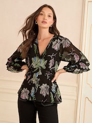 Estampa floral metálica preta - Blusa peplum com decote em V Love & Roses 3/4 e manga - Imagem 1 de 4