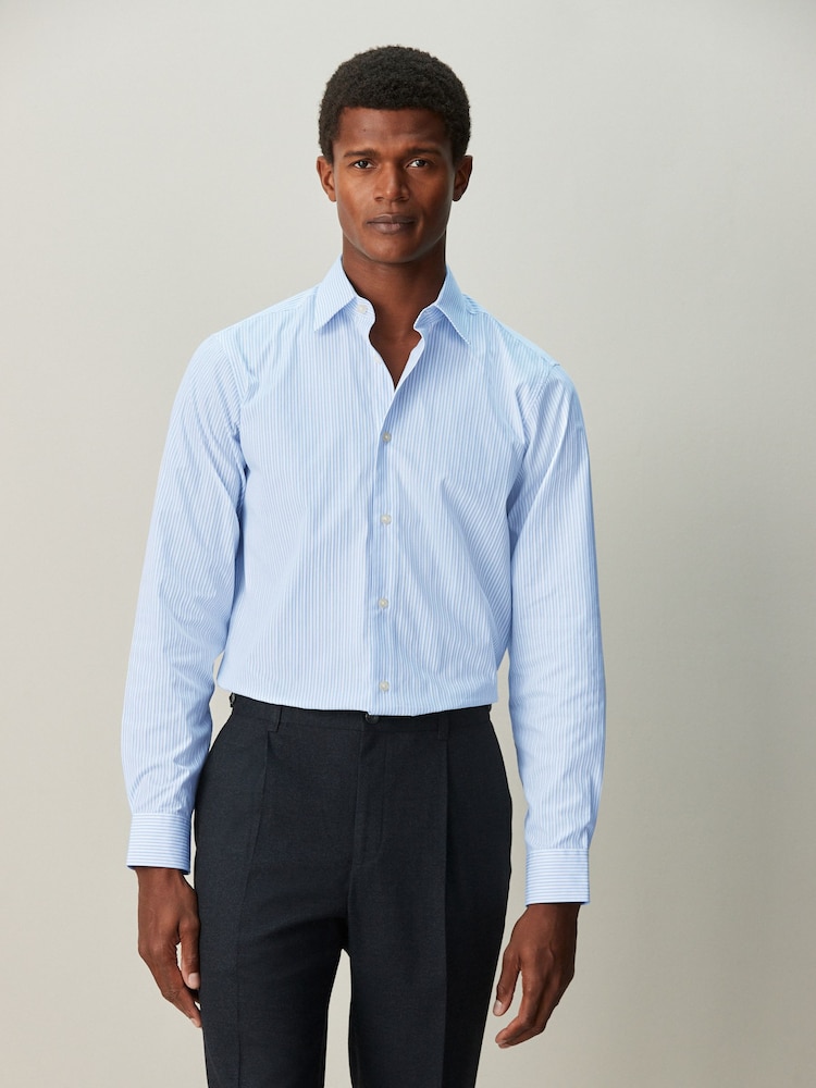 White/Blue Stripe Regular Fit Cotton Rich Long Sleeve Formal Shirt - Image 1 of 8