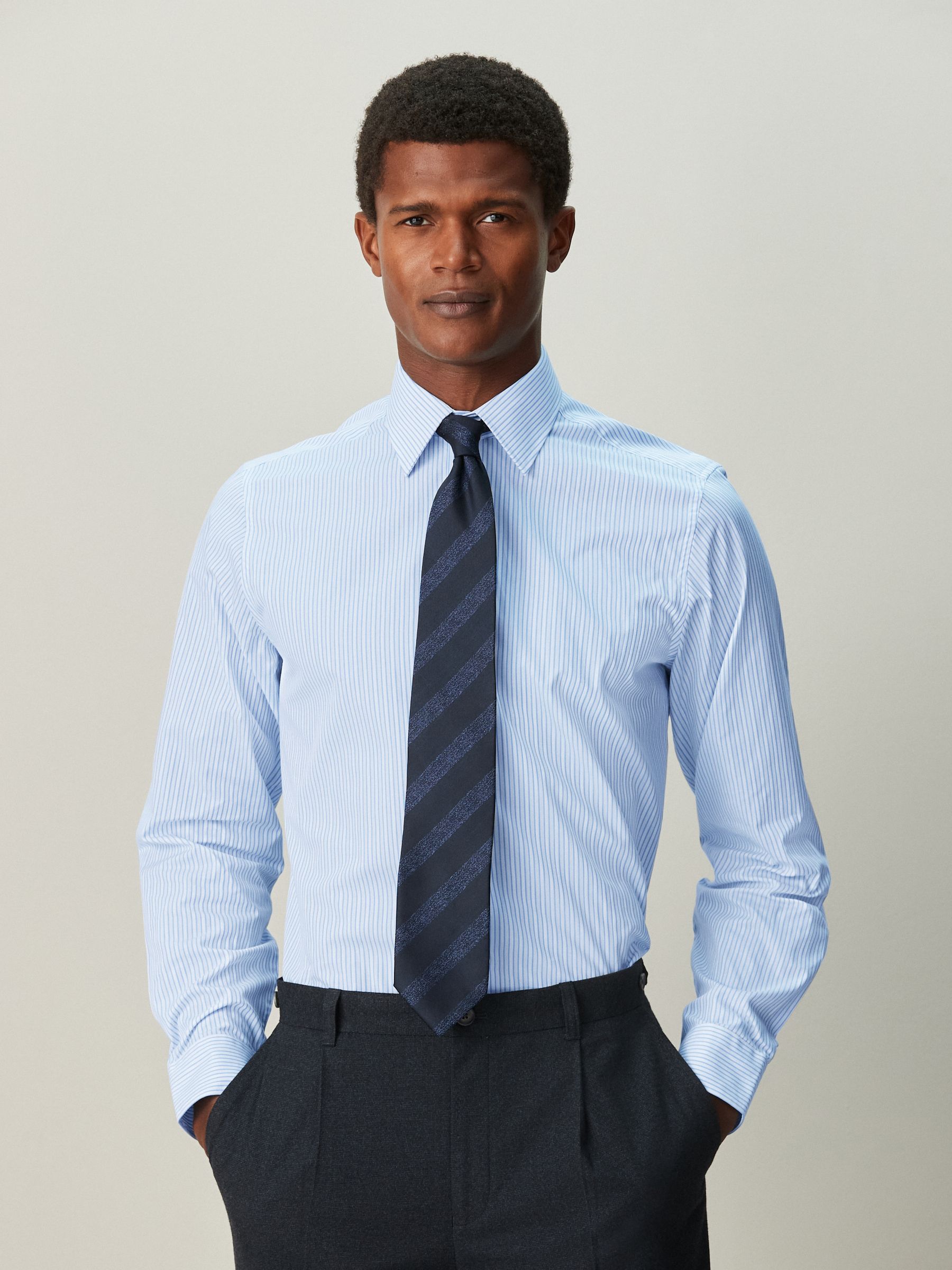 Buy White/Blue Stripe Regular Fit Cotton Rich Long Sleeve Formal