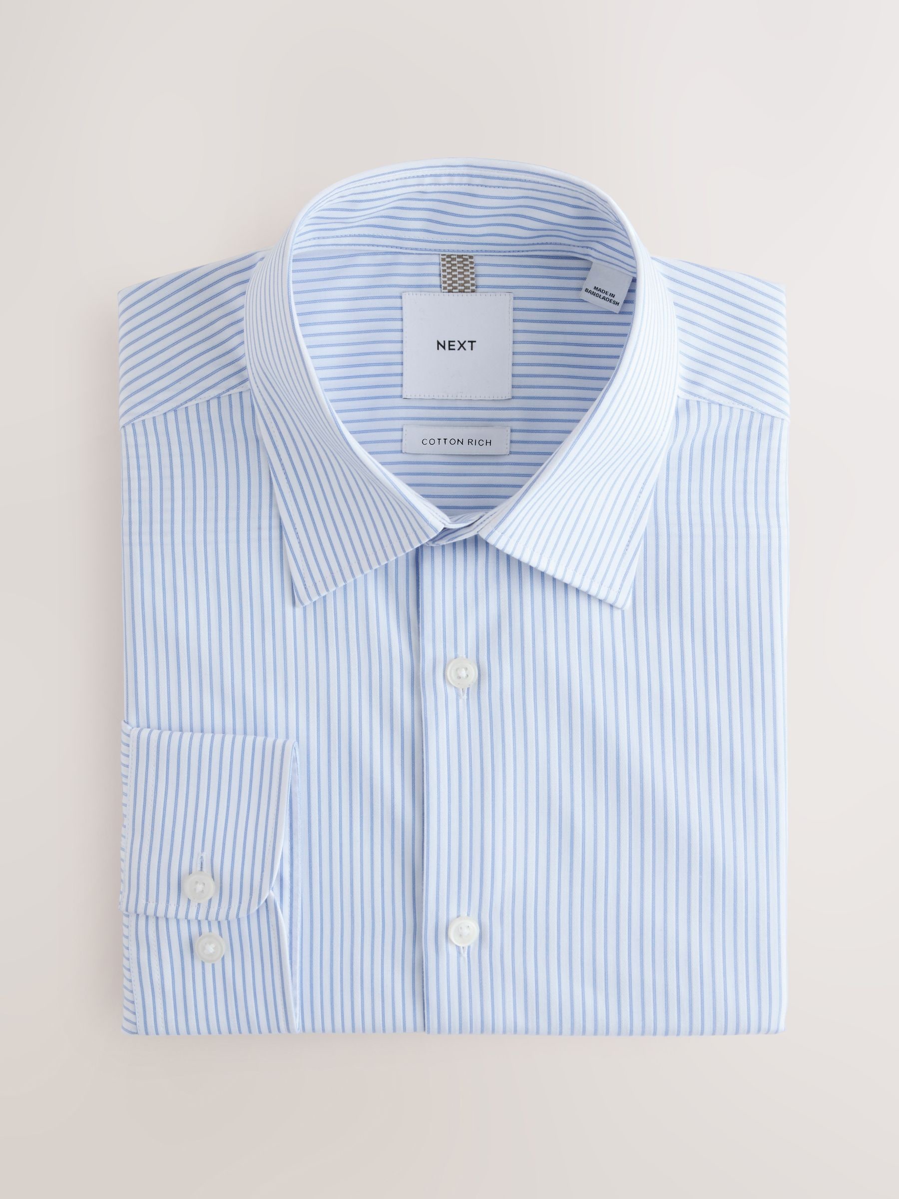 Buy White/Blue Stripe Regular Fit Cotton Rich Long Sleeve Formal
