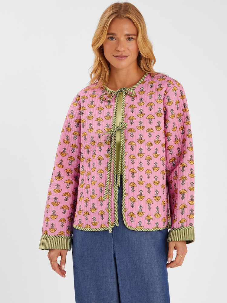 Accessorize Pink Marigold Print Quilted 100% Cotton Jacket - Image 1 of 4 Accessorize Pink Marigold Print Quilted 100% Cotton Jacket - Image 1 of 4