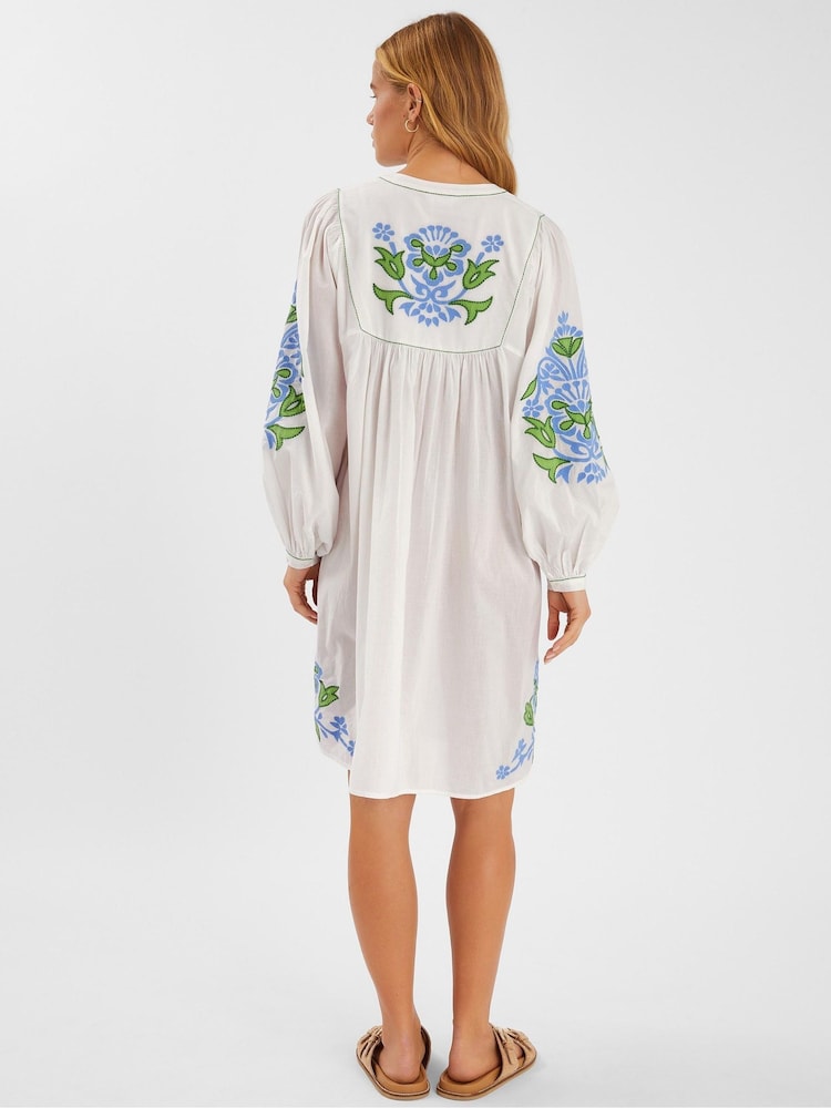 Accessorize White Embroidered Long Sleeve Smock Dress - Image 2 of 4