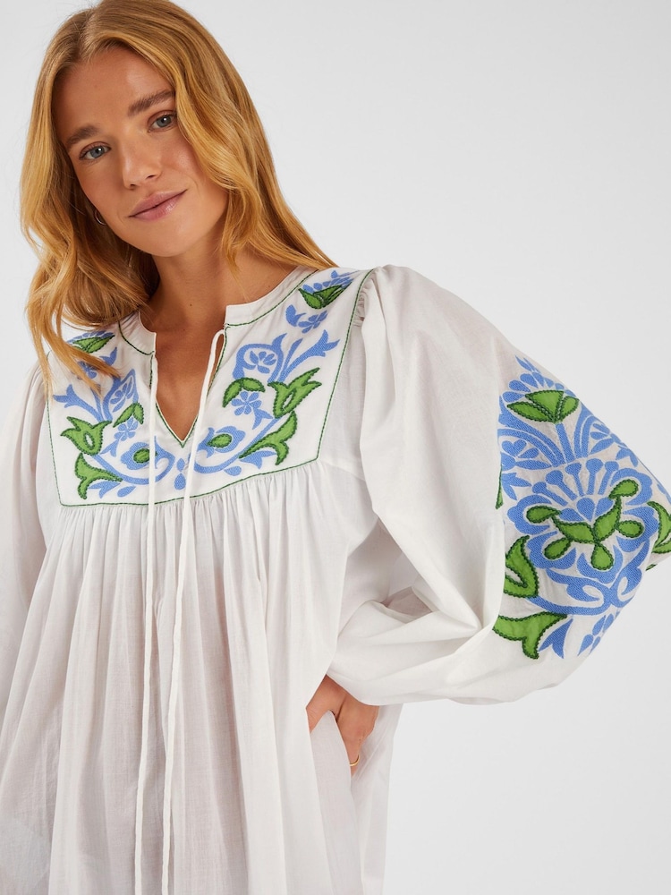 white long sleeve smock dress Ephemera Ruffle High Neck Linen Garland Smock Dress White Women's Size: 4 NWT