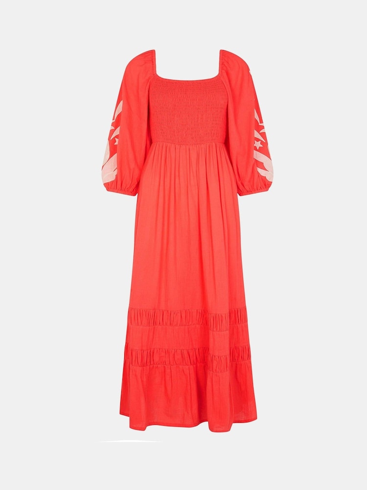 Accessorize Orange Pineapple Appliqué Smocked 100% Cotton Maxi Dress - Image 4 of 4