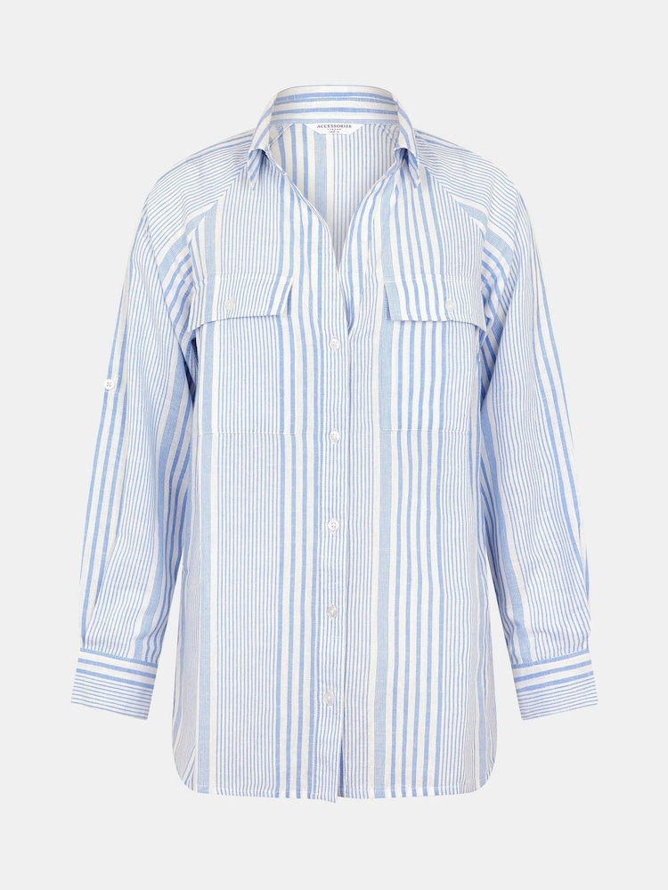 Accessorize Blue Stripe Beach Cover-Up Shirt - Image 4 of 4 Accessorize Blue Stripe Beach Cover-Up Shirt - Image 4 of 4