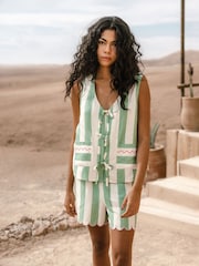 Chelsea Peers Green Linen Blend Tie Front Stripe Cami Shorts Set - Image 1 of 5