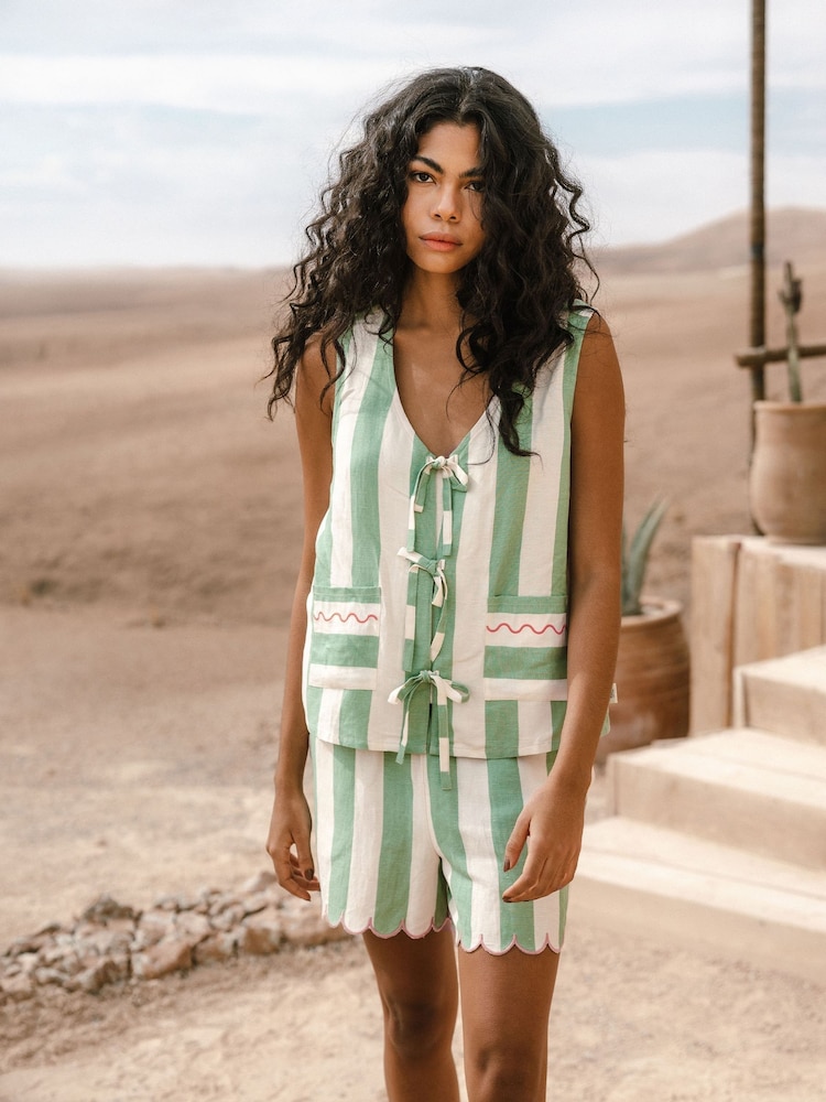 Chelsea Peers Green Linen Blend Tie Front Stripe Cami Shorts Set - Image 1 of 5