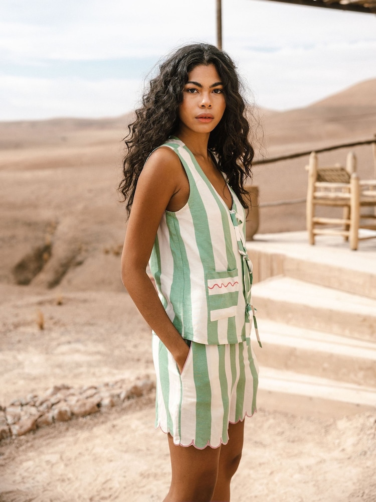 Chelsea Peers Green Linen Blend Tie Front Stripe Cami Shorts Set - Image 2 of 5