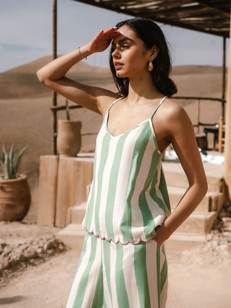 Chelsea Peers Linen Blend Scallop Edge Stripe Cami Long Set - صورة 2 من 5