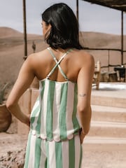 Chelsea Peers Linen Blend Scallop Edge Stripe Cami Long Set - صورة 4 من 5