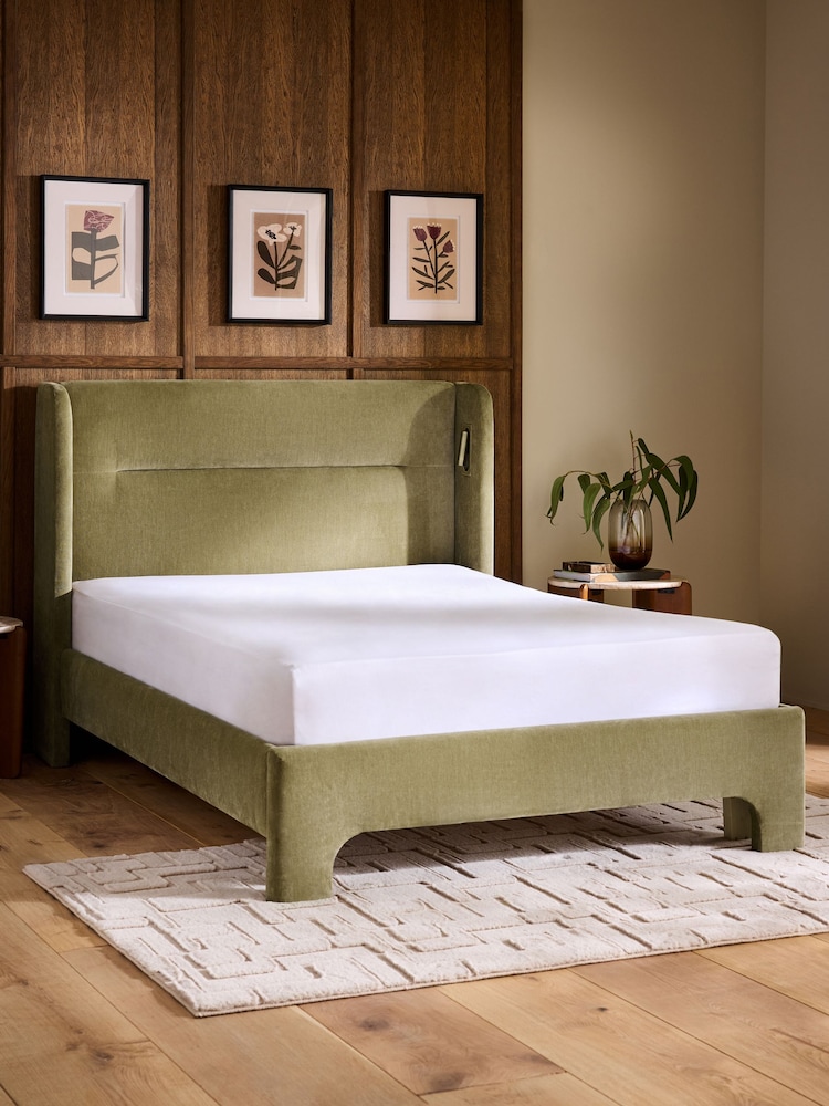 Relaxed Chenille Light Olive Green Ebony Upholstered Bed Frame - Image 2 of 7 Relaxed Chenille Light Olive Green Ebony Upholstered Bed Frame - Image 2 of 7