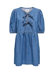 ONLY Blue Denim Tie Front Puff Sleeve Dress - Image 1 of 2