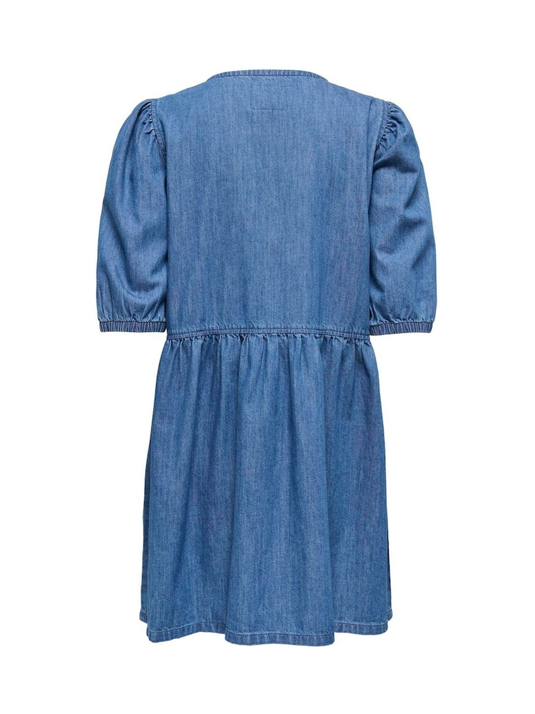 ONLY Blue Denim Tie Front Puff Sleeve Dress - Image 2 of 2