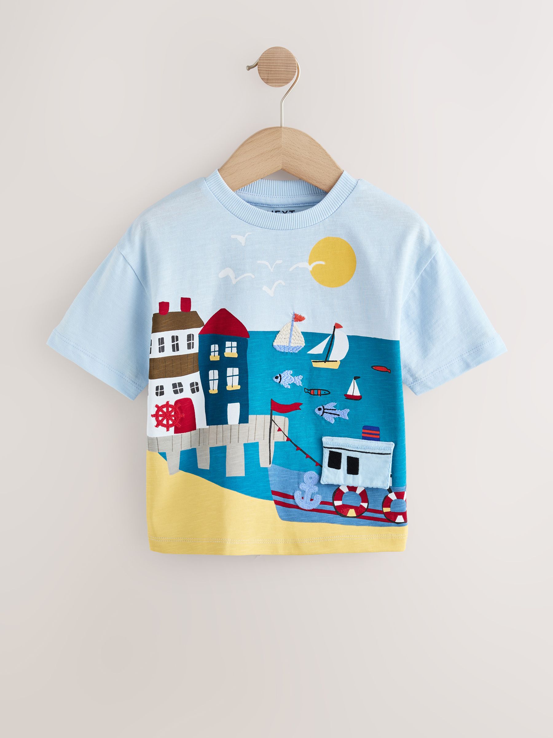 Blue Seaside Short Sleeve Appliqué T-Shirt (3mths-7yrs)