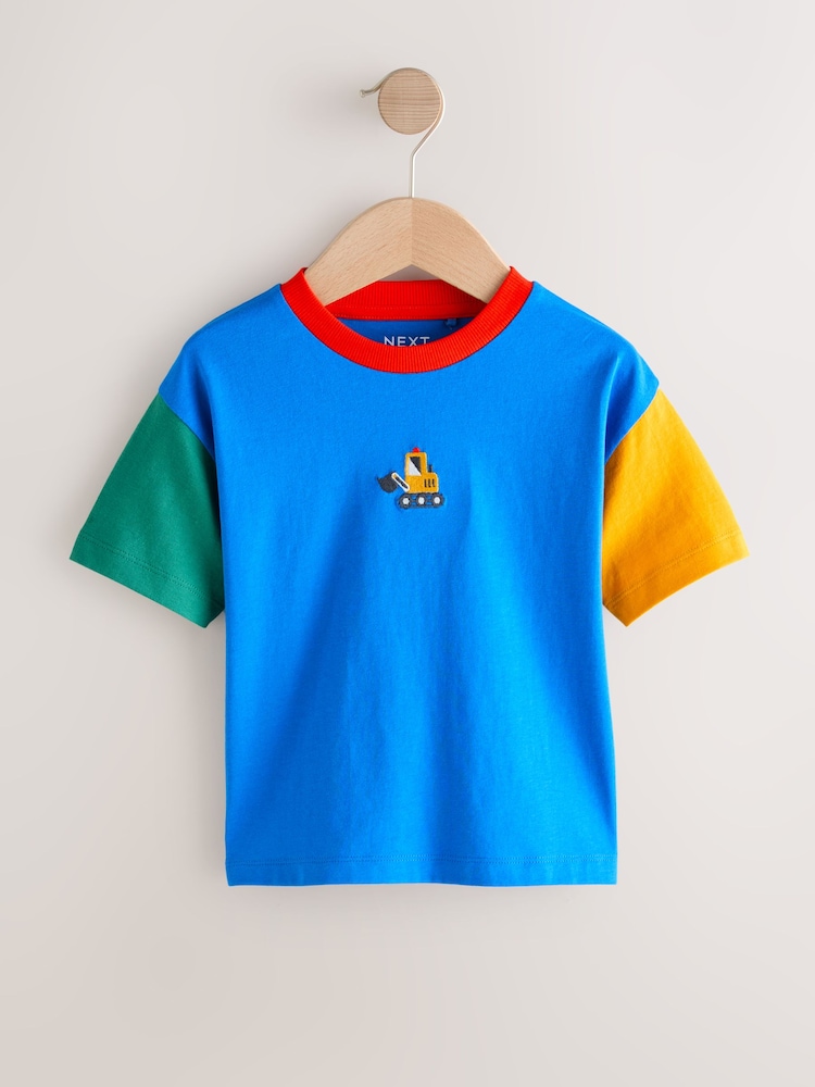 Blue/Green/Yellow Digger Short Sleeve Colourblock T-Shirt (3mths-7yrs) (3mths-7yrs) - Image 1 of 4 Blue/Green/Yellow Digger Short Sleeve Colourblock T-Shirt (3mths-7yrs) (3mths-7yrs) - Image 1 of 4